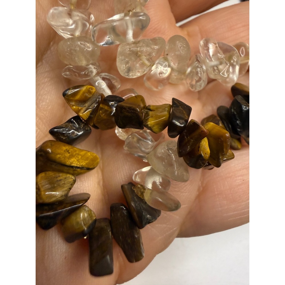Tigers Eye and Clear Quartz Chip Bead Stretch Bracelet Natural Stone Jewelry
